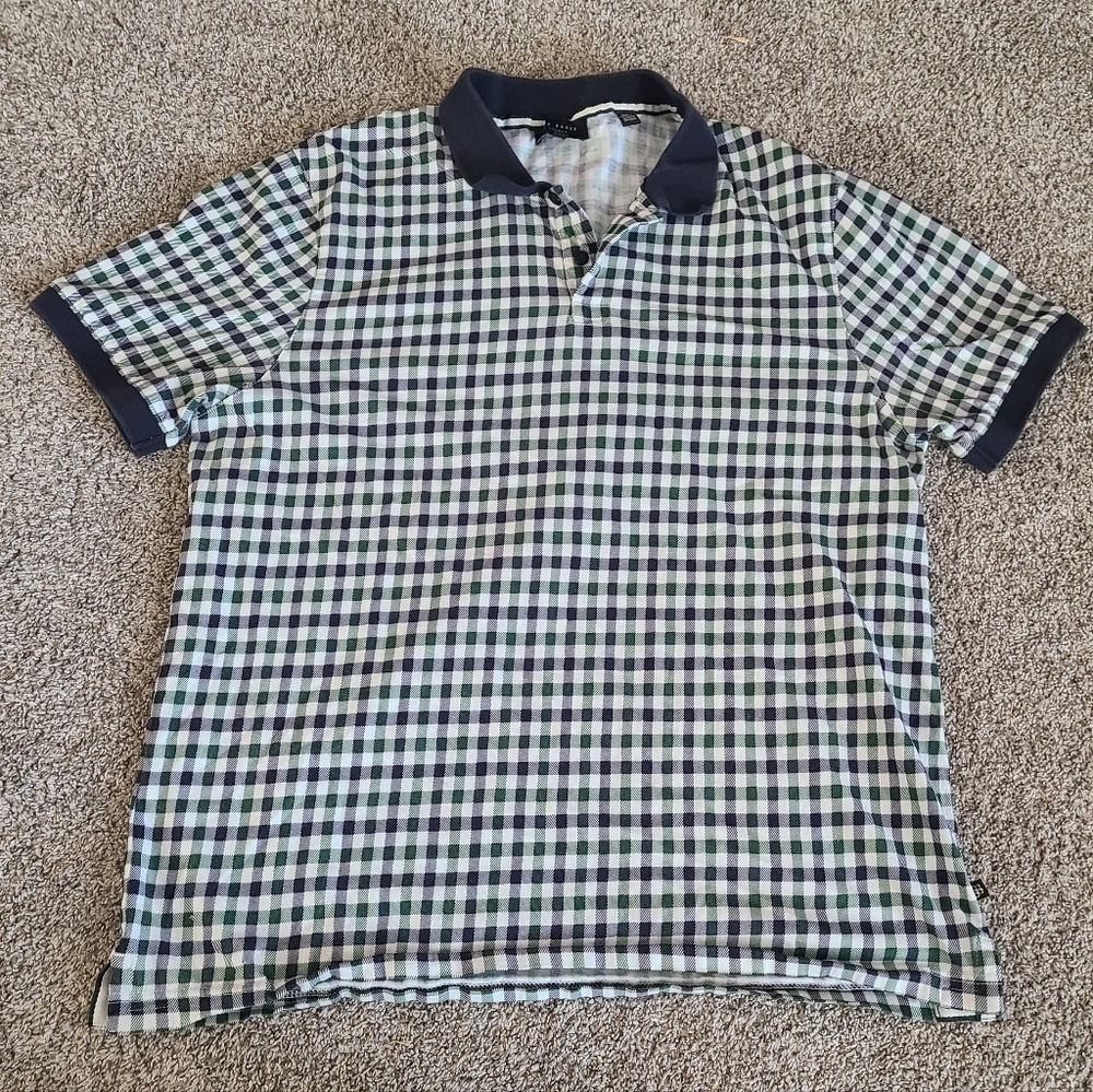 Ted Baker Navy and Green Short Sleeve Gingham Polo Shirt Size 5
